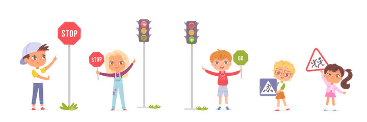 Group of preschool children studying traffic rules, holding road signs in their hands, traffic without stopping is prohibited, attention children, crossing the road at permitting traffic light.