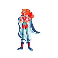 Female superhero in costume with arms crossed. Superwoman with cape vector illustration. Cartoon comic woman with powers posing isolated on white background. Brave smiling girl standing