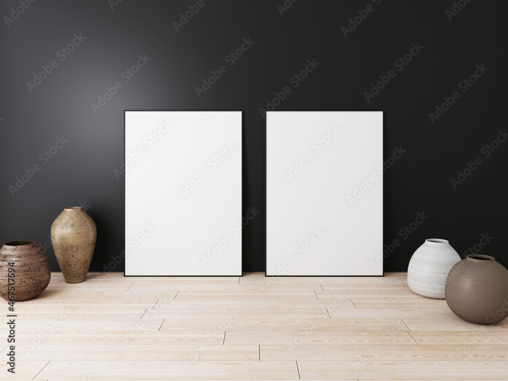 Wall mural two empty frames on dark black wall with ceramic vases, 3d render