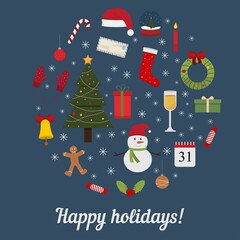 Vector illustration of a set of 20 different Christmas items in a circle. These elements can be used to create your own, creative designs.