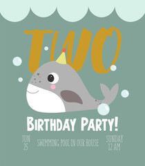 An illustration in a vector. Invitation to the sea party, in cartoon style, on a blue background, with the image of a cute funny whale and the number two.
