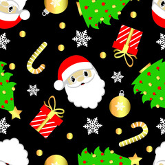 Santa Claus head, Christmas tree,gold ball, gift, snowflake and candy seamless pattern.