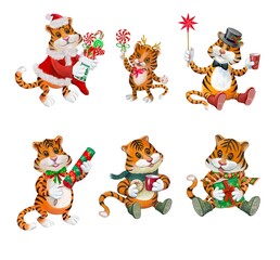 set of 6 Christmas  tigers,symbol year,cuthe watercolor animals 