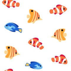 Fototapeta premium Cartoon clown fish, butterfly fish, surgeon fish - simple trendy nice seamless pattern with fish. Cute vector illustration.
