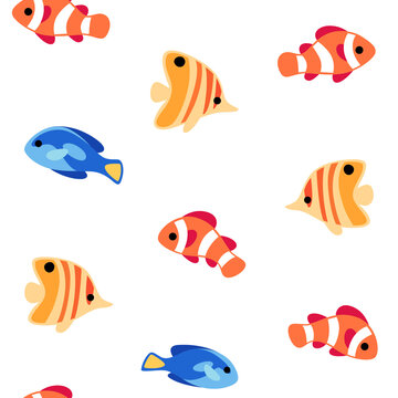 Cartoon clown fish, butterfly fish, surgeon fish - simple trendy nice seamless pattern with fish. Cute vector illustration.