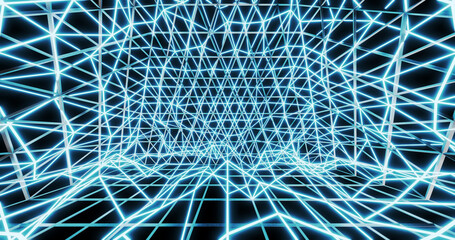 Render with a neon mesh room in cold colors