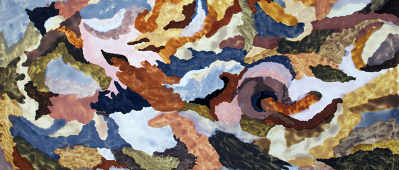 The abstract composition is painted in restrained colors in gouache. Brown, yellow ocher, gray in different shades and black gouache. Painting for a modern interior, background for your design.