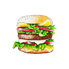 Burger hamburger sketch handmade pencil drawing, illustration on white background. For your design.