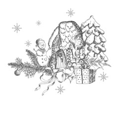 Christmas, New Year composition. Vector illustration, sketch, drawing.