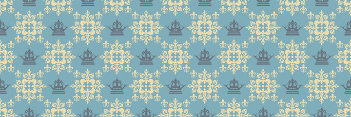 Background image with decorative ornaments in vintage style on a blue background for your design. Seamless background for wallpaper, textures. Vector illustration.