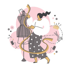 Seamstress, dressmaker, designer, fashion designer. Profession. Sewing accessories, vector illustration.