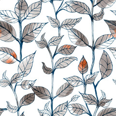 Seamless leaves pattern. Simple  botanical illustration vintage. Background for title, blog, decoration. Design for wallpapers, textiles, barbics, fabrics.
