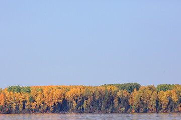 scenic, autumn landscape trees and forest river and lake, nature view fall background