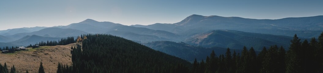 Views of the neighboring mountains from the Kukul ridge. Ukrainian Carpathian mountains. Autumn in the mountains.