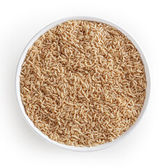 Brown rice in white bowl isolated on white background with clipping path