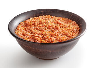 Red lentils in ceramic bowl isolated on white background with clipping path