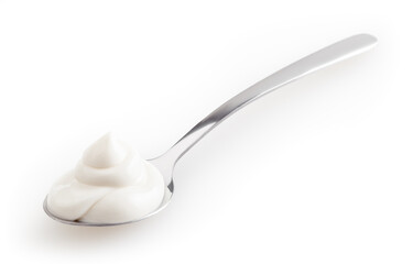 Spoon of mayonnaise isolated on white background with clipping path