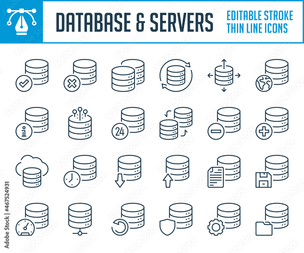 Poster database and server settings thin line icons. online storage, hosting and file network outline icon 