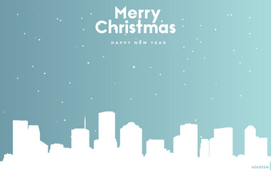 Christmas and new year blue greeting card with white cityscape of Houston