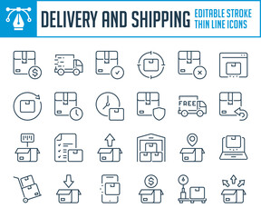 Delivery service and Package shipping thin line icons. Courier, Delivery box and Order shipment outline icon set. Editable stroke icons.
