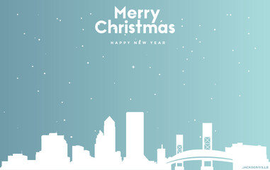 Christmas and new year blue greeting card with white cityscape of Jacksonville