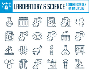 Fototapeta premium Laboratory and Science thin line icons. Chemistry and Lab equipment outline icon set. Editable stroke icons.