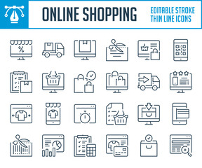 Online shopping and eCommerce thin line icons. Order online, Shop checkout and Retail market outline icon set. Editable stroke icons.