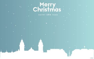 Christmas and new year blue greeting card with white cityscape of Lima