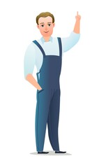 Man in overalls. Service guy. Handyman, locksmith or repairman. Cheerful person. Standing pose. Cartoon comic style flat design. Single character. Illustration isolated on white background. Vector