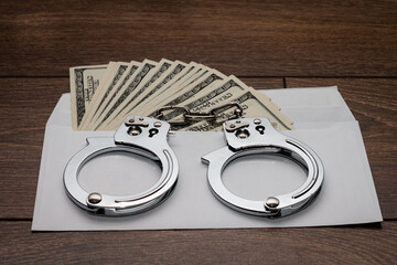 Envelope with dollars on a wooden background. Steel handcuffs on the envelope. The concept of...