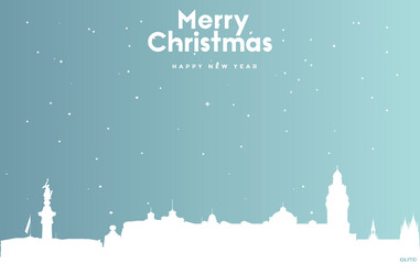 Christmas and new year blue greeting card with white cityscape of Quito