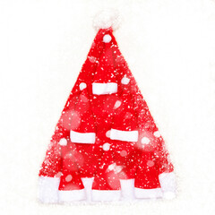New Year tree from red Christmas caps in the snow on a white background. Concept