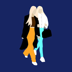 Vector illustration of Kpop street fashion. Street idols of Koreans. Girls in warm clothes, in a black coat and a white jacket and white sneakers.