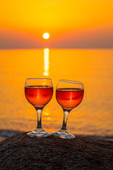 Drink wine by the sea. Selective focus.