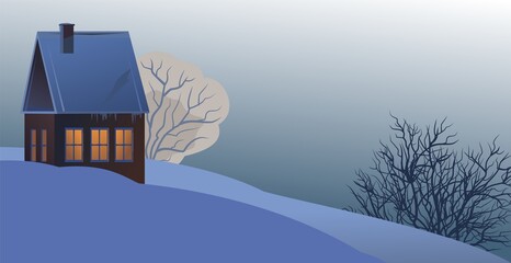 Rural small house in winter. Landscape. Christmas night. Quiet winter evening. The gable roof is covered with snow. Nice and cozy suburban village. Flat cartoon style. Vector art
