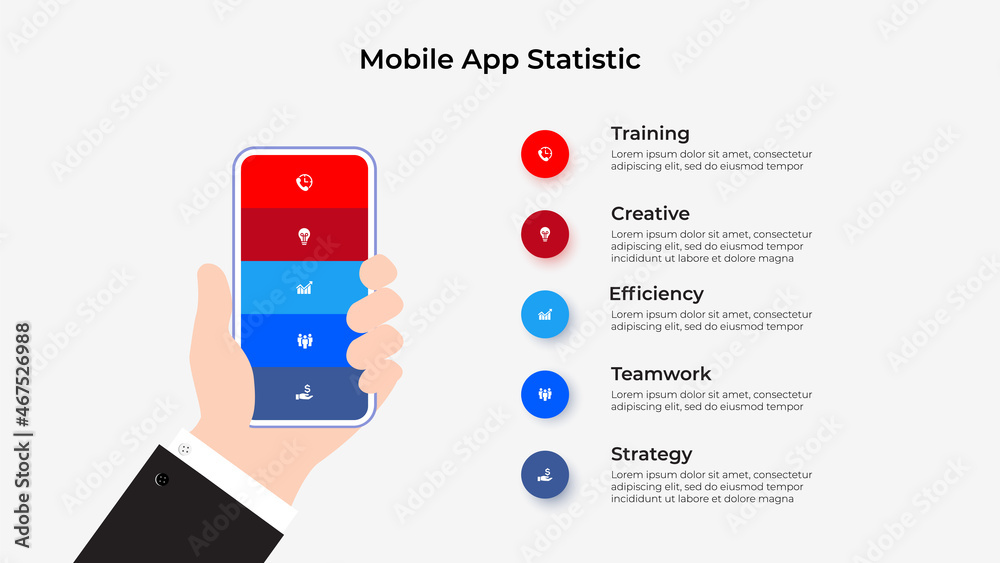 Poster smartphone in hand with mobile applications. infographic slide illustration
