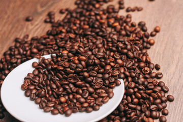 coffee beans Hot drink spilled grains wooden table