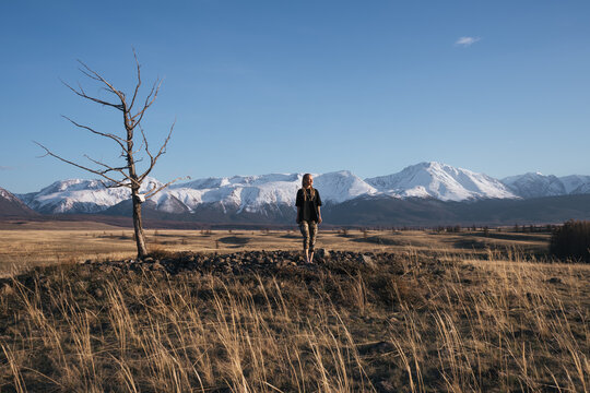 Woman and dry lonely tree in mountain valley. Snowy peaks of mountains on background, autumn yellow grass landscape