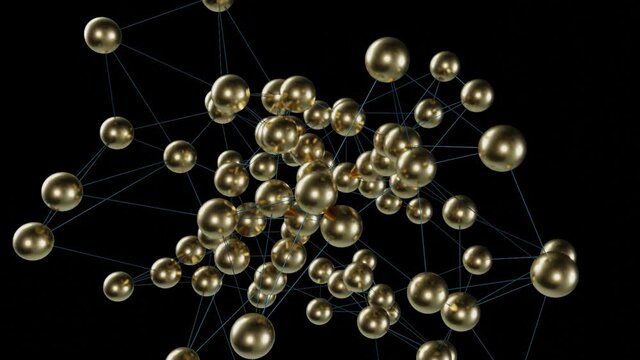 3D abstract animation with golden spheres connected and camera shaked effect on black background
