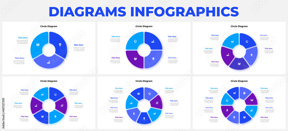 Poster Slides with pie charts infographics elements for presentation. Vector info graphic cycle design templates. Concept with 3, 4, 5, 6, 7 and 8 options, parts or steps