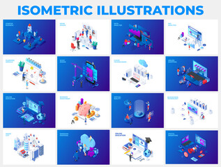 Set of isometric darks and lights illustrations. Startup, hiring, data analysis, seo, planning, online shopping, education and other themes - obrazy, fototapety, plakaty