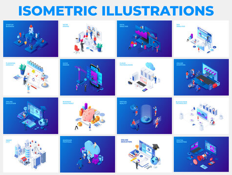 Set of isometric darks and lights illustrations. Startup, hiring, data analysis, seo, planning, online shopping, education and other themes