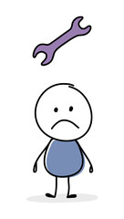 Sad cartoon caricature with wrench - craftsman icon. Business concept. Vector