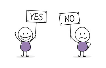Cartoon stickmen with text on a board - yes and no. Vector