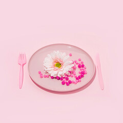 Holidays idea of Christmas decorations and flowers in a plate for eating. Festive minimal composition on pink backgrounds. Trendy concept.