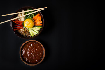 Traditional Korean dish- bibimbap: rice with vegetables and beef
