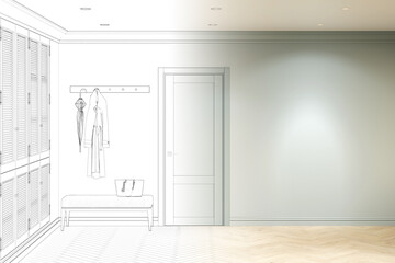 A sketch becomes a real green entrance hall in a modern classic style with a blank wall illuminated by a spotlight, an entrance door, a clothes hanger over a bench, a built-in wardrobe. 3d render
