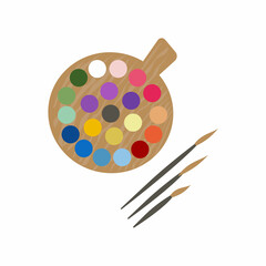 Vector illustration of an art palette with paints and brushes isolated on a white background.