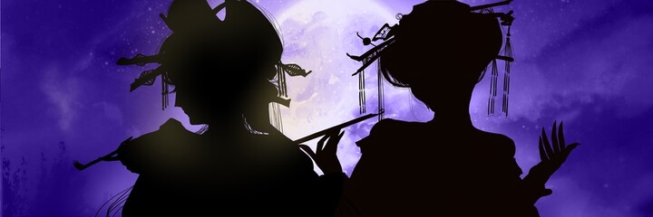 Silhouette of a prostitutes of Yoshiwara brothel having smoke tubes in front of purple creepy full moon.