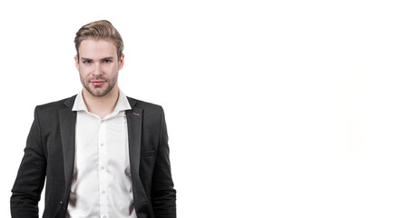 Responsible entrepreneur. Serious businessman isolated on white. Businessman in business suit